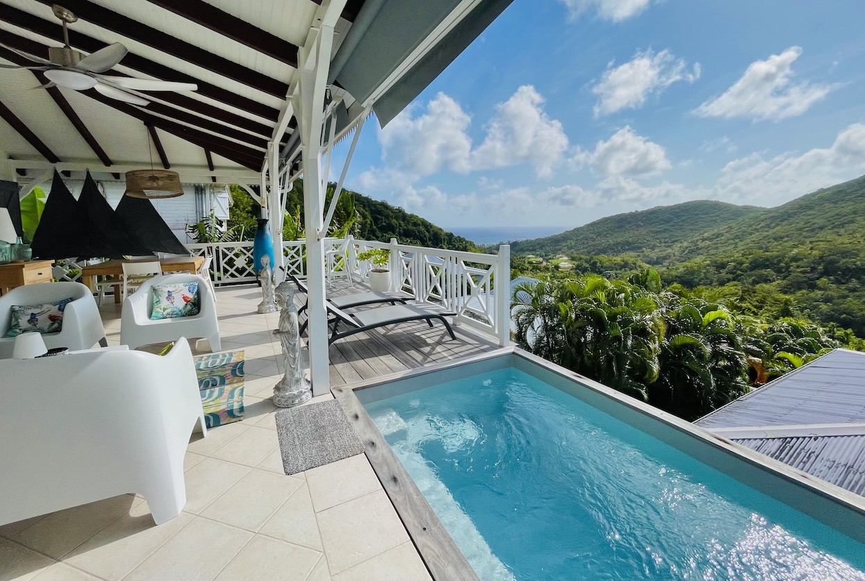 Haut de Villa LA VIE CREOLE 2 chambres piscine location Sainte de Luce Martinique - la terrasse avec la piscine ( type bac à punch )